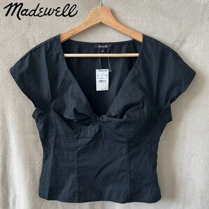 Madewell Twist-Front Seamed Top in Poplin - Color: True Black - Size:4
